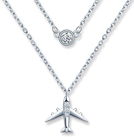 MicLee Damen 925 Sterling Silber Zirkonia Halskette Fashion Flugzeug Anhänger Doppelkette Kette mit Geschenkbeutel Super Geschenk für Paar Pärchen Mutter Tochter