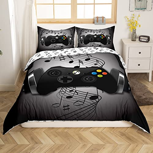Spieler Bettbezug Schwarz Grau Kopfhörer Musikalisches Spiele Gamepad Trösterbezug für Kinder Jungen Videospielzimmer Dekor Retro Spiel Spieler Bettwäsche Set Spielen Regler Bettbezug, Sanft, 135x200