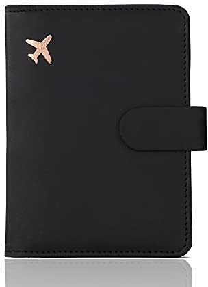 Melsbrinna Custodia per passaporto in pelle di alta qualità, impermeabile, blocco RFID, porta passaporto con portapenne, carino, per donne/uomini, colore nero