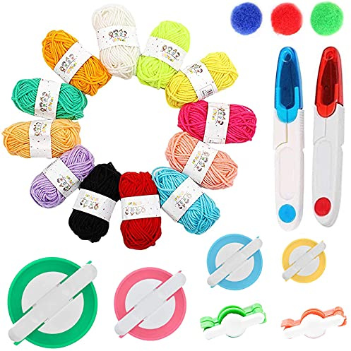 Maridergo 20 Pack Pom Pom Making Tool Set, 6 Verschiedene Größen Pompon Maker mit 12 Farben Garn, DIY Flaum Bälle Stricken Handwerk Making Kit mit Nähschere