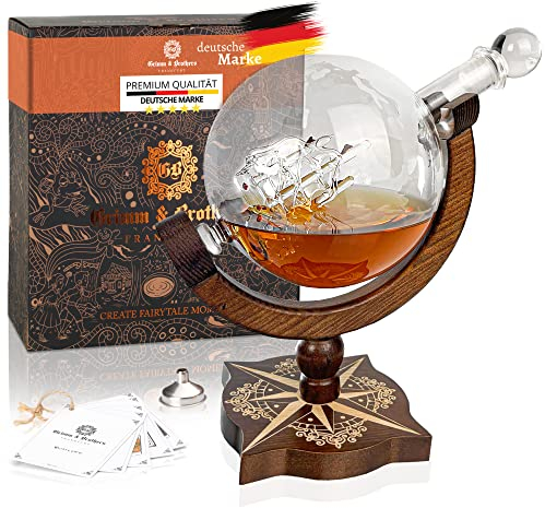 Grimm & Brothers: Kompass Karaffe ECHTHOLZ - Whisky Karaffe 850ml mit Glückwunschkarte - Whiskey Zubehör - Männer Geschenke - Whisky Karaffe Globus - geschenkset - alkohol - whiskey karaffe