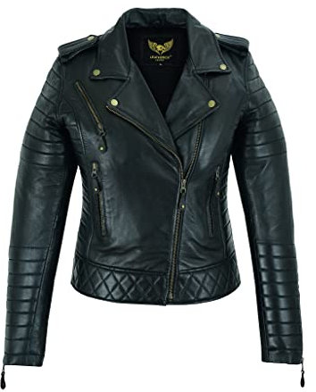 Leatherick Giacca da motociclista da donna in pelle di pecora di alta qualità, con cerniera nera, con tasche multiple (M)