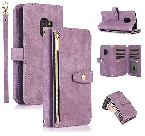 UEEBAI Case for Samsung Galaxy S9, 9 Card Slots Retro Leather Wallet Shockproof Flip Cover with Hand Strap Card Slots Zipper Pocket Kickstand Handbag Magnetic Closure - Vintage Purple