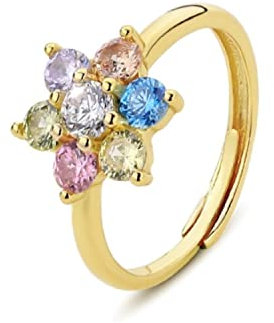 Bellitia Jewelry Anello Regolabile Donna Argento 925 Placcato in Oro, Anello Multicolore di Fiori con Diamante Simulato Zirconi Cubici, Anelli Fidanzamento Anniversario Promessa Regalo Ragazza