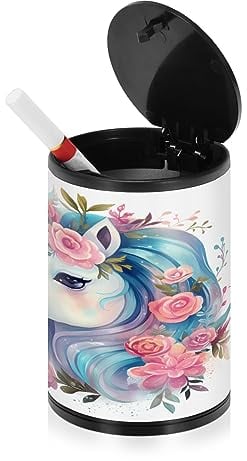 Einhörner Blume Blau Rosa Auto Aschenbecher für Zigaretten mit Deckel Geruchssicher Edelstahl Tragbare Rauchfreie Abdeckung Aschenbecher für