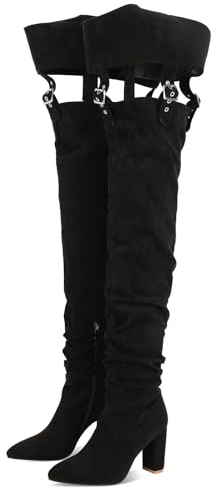 Wavyvigs Overknee Stiefel für Damen mit Gürtel spitzer Zehenbereich oberschenkelhohe Stiefel seitlicher Reißverschluss Blockabsätze Schwarz Größenangabe 37