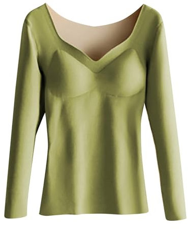 Womens Thermal Vests Long Sleeve Cotton Thermal Underwear Tops 2-in-1 Built-in Bra Fleece Lined Top Winter V Neck Warm Underwear (Green, L)