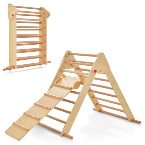 OLAKIDS Pikler Triangle Set 3 in 1 Climbing Toys for Toddlers Foldable Wood Montessori Baby Jungle Gym with Ramp Ladder Slide Kids Indoor Playground Activity Play Structure