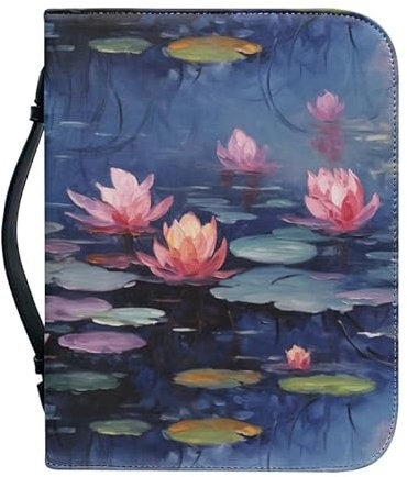Kuiaobaty Bibelhülle mit Reißverschluss, Motiv: Wasserlilie, mit Taschen, Vintage-Malerei, Blumenmuster, für Bibel, PU-Leder