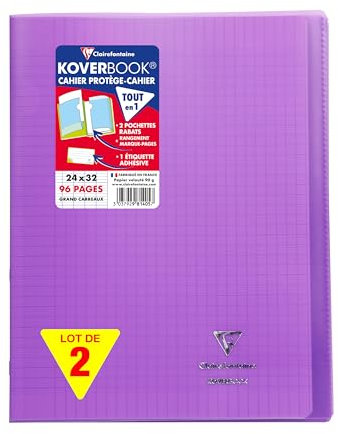 Clairefontaine 981405AMZC Un lot de 2 Cahiers Agrafés Koverbook 24x32 cm - 96 Pages Grands Carreaux - Papier Blanc 90 g - Couverture Polypro - Couleur : Violet