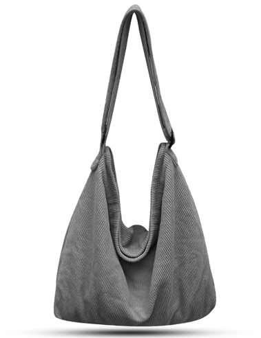 ONCCI Umhängetasche Damen Handtasche, Cord Taschen Groß Shopper Tote Bag Schultertasche Casual Crossbody Bag für Schule Uni Büro Arbeit Reisen Ausflug Einkauf (Grau)
