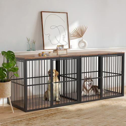 Lyromix 86.62''Dog Crate Furniture Large Breed TV Stand with Double Rooms,Wooden Dog Kennel Dog Crate End Table with Removable Divider for Large Medium Dogs, Can Use Separately, Brown