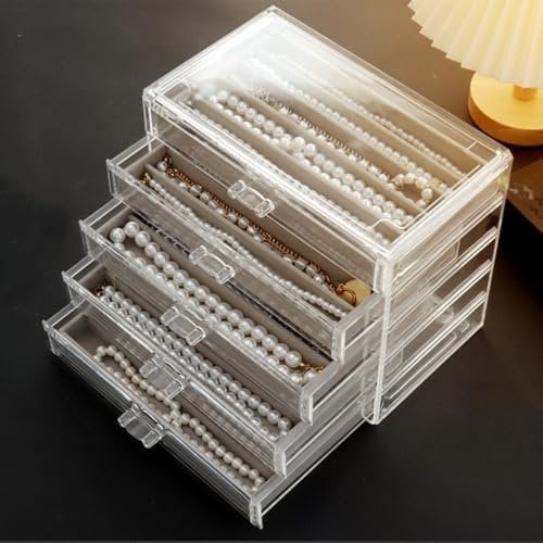 Jinavoty Caja de almacenamiento de collares, caja organizadora de collares de acrílico con bandeja de terciopelo, soporte para collares a prueba de polvo para mujeres y niñas (gris, 5 cajones)