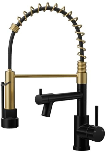 Warmiehomy Professional Kitchen Tap,High Arc Kitchen Taps with Pull Out Sprayer,360° Swivel Double Spouts Spring 1 Hole Sink Taps Mixer for Kitchen,Black&Gold