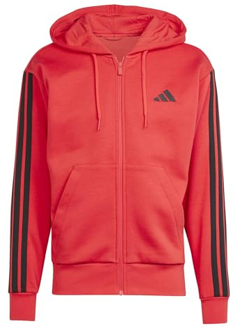 adidas Men's ESSENTIAL THREE STRIPES FLEECE ZIPPER HOODIE, pure ruby/black, XS