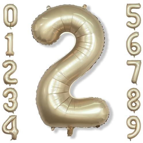 Champagne Gold 2 Balloons, 40 Inch Giant Metallic Helium Mylar Foil Number 0-9, Light Gold 2nd Birthday Balloon for Boys Girls, Morados Numero Two for Women Anniversary Party Decorations