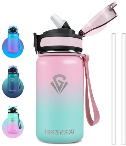 Grsta Gourde Enfant, Gourde Isotherme Sans BPA, Gourde 500ml Garçons & Filles, Gourde avec Paille, Réutilisable, Gourde Anti Fuite, Facile à Nettoyer, Gourde pour École, Bureau, Outdoor