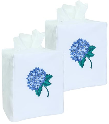 Fabric Tissue Box Cover Set of 2 - Vintage Floral Embroidery Hydrangea Holder, Bouquet Wrapping Bag, Car Tissue Holder, Square 5.9X5.9X7, White