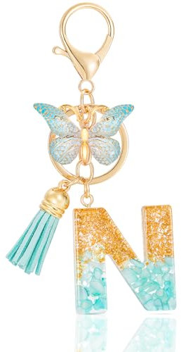 MWOOT Initiale Letter Keychains Porte Clé Lettre N,Alphabet Initial Keyring avec Papillon Pendentif,Vert Feuille D'or Key Ring pour Femmes Filles Portefeuilles Sac à Main Bagages Charme(N)