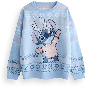 Disney Lilo & Stitch Pull de Noël pour Femme en Bleu | Pull tricoté Graphique Chaud pour Adultes | Haut en Tricot à Manches Longues des fêtes festives | Pull Amusant en Tricot, Cadeau de Marchandise
