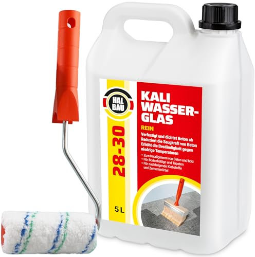 HALBAU Kaliwasserglas 28-30 Rein 5 Liter Kali Wasserglas, Haftgrund, Beton Versiegelung, Holz Imprägnierung, Verkieselung, Mauerabdichtung, Betonschutz, Holzschutz Farbroller 10cm