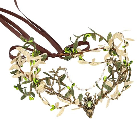 MOSTORY Handgefertigte Waldblattkrone – Elfen-Waldland-Hadpiece, Feen-Tiara mit grünem Zweig, Elfen-Reif mit Strass-Quaste für Renaissance-Party, Cosplay, Halloween, Foto-Requisite