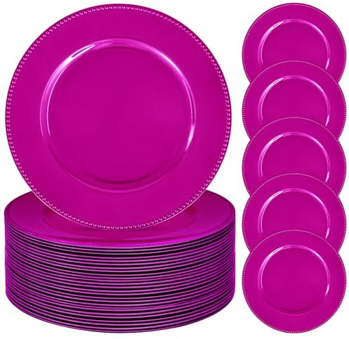 REWOMC 24 Pcs Hot Pink Charger Plates, 13 Round Beaded Plastic Dinner Chargers for Wedding, Party, Event Decoration