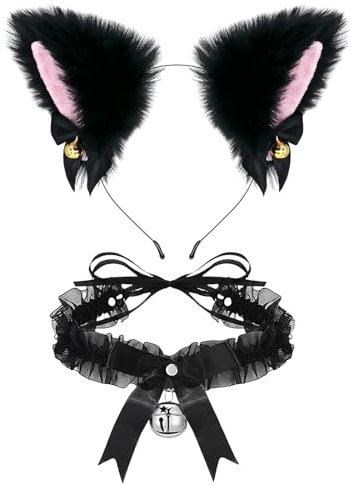Yeomju 2 Stück Katzenohren Haarreif, Cat Ears Haarschmuck mit Glöckchen Halskette, Katzenkostüm Damen, Katze Cosplay Set, Katzen Ohren Stirnband für Halloween Karneval