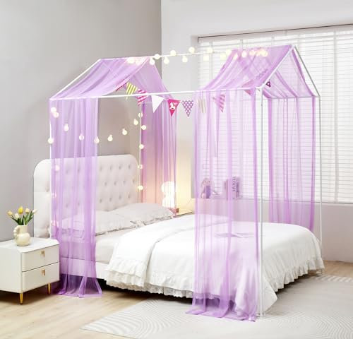 ZIQINPSQ Hausbett-Baldachin, Bettvorhänge, Montessori-Bodenbetthimmel für Mädchen und Jungen, Moskitonetz für Kinder, Holzbettrahmen, Schlafzimmer-Dekorationen (lila)