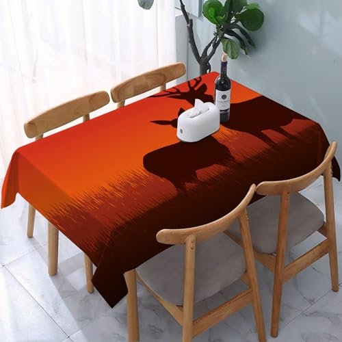 YOIUE Tischdecke Abwaschbar Rechteckig,137x183cm,Polyester Tischtuch Tafeldecke Ornamente Schmutzabweisend Pflegeleicht,Jagd, Silhouetten-Illustration eines Hirsches und Einer Hirschkuh auf Einer Wie