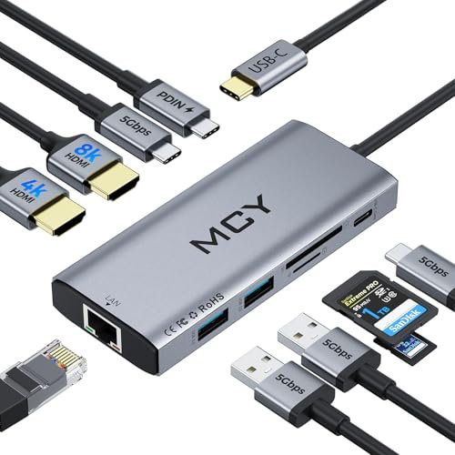 MCY Docking station per laptop singolo 8K, doppio monitor 4K a 60Hz, hub USB C 10 in 1 Ethernet, adattatore multiplo da USB-C a HDMI PD100W, porta dati USB, SD/TF, Dongle Dock di tipo C per MacBook