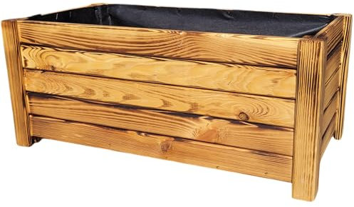 Weeco - Jardinera de madera tratada flameada con tela no tejida, diseño rústico - Jardinera con fondo elevado - Ideal para balcón y terraza - 60 x 38 x 25 cm