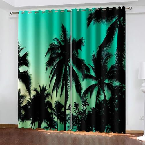 Beydodo Verdunklungsvorhänge Kinderzimmer, Vorhang Blickdicht mit Ösen 2er Set 244x274CM Landschaft Kokospalmen Gardinen Verdunkelnd Schlafzimmer Jugendzimmer