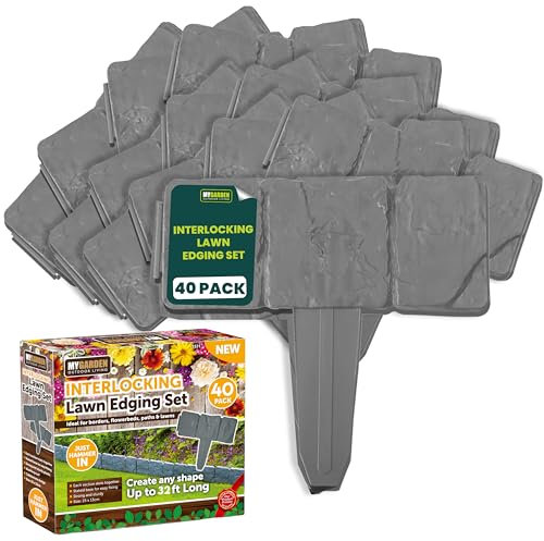 My Garden Interlocking Garden Edging Set Cobbled Stone Effect Lawn Plant Border Ideal for Borders Flowerbeds Pathways Lawn Stake Based For Easy Fitting Create Any Shape (Grey - 40 Pack)