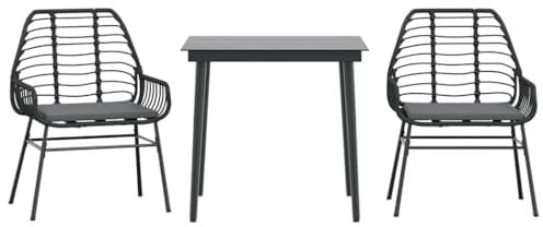 vidaXL 3-TLG. Garten-Essgruppe mit Kissen Schwarz Poly Rattan Glas, Outdoor Essgruppe, Essgarnitur Terrasse, Garten Essgarnitur, Terrasse Essgruppe