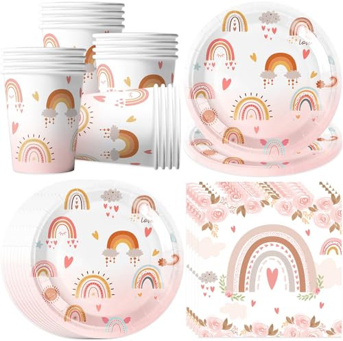 pekifaves Arcobaleno Bohémien Set di stoviglie per feste di compleanno per bambini, per 16 ospiti, Boho piatti di carta, tovaglioli, per baby shower, ragazze, decorazione di compleanno