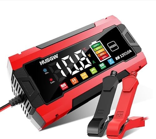 Husgw 12V 10A Caricabatterie per Auto，LiFePO4 Caricabatteria per Moto, Processo di Carica a Tre Fasi, Molteplici Funzioni di Sicurezza, Adatto per Auto, Moto, AGM, GEL, Wet, SLA e LiFePO4