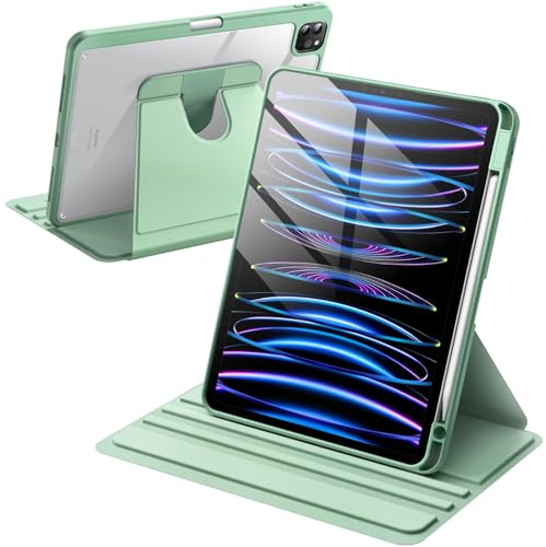 TXWLLIU Custodia per iPad Pro 11 Pollici (4a/3a/2a/1a Generazione) 2022/2021/2020/2018 con Portapenne, Custodia Protettiva con Supporto Girevole a 360 Gradi, Auto Sonno/Veglia, Verde Chiaro