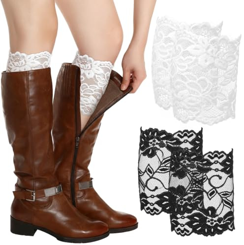 Tucnoeu 2 Paar elegante Spitzen-Stiefelmanschetten für Frauen – dehnbare Spitzen-Beinstulpen Socken Topper Manschette (Schwarz & Weiß)