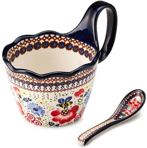 Cteaffee Ceramic Soup Bowl and Mug Set 14oz, Hand-Painted Floral Stoneware Coffee Cup with Spoon, Large Soup Bowls with Handle, Microwave & Dishwasher Safe Polish Pottery Style (Red Flowers)