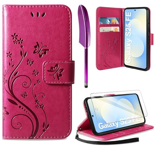 AROYI Lederhülle Kompatibel mit Samsung Galaxy S25 FE 5G Hülle und Schutzfolie, Flip Wallet Handyhülle PU Leder Case Kartensteckplätzen Schutzhülle Kompatibel mit Samsung Galaxy S25 FE 5G Rosenrot