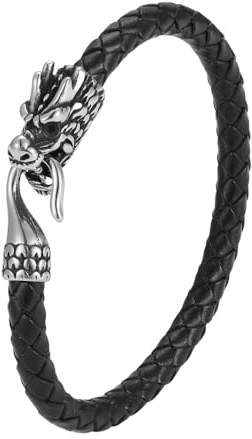 HUIANGLIYG Herren-Armband Aus Einlagigem, Geflochtenem Leder In Vintage-Form Mit Chinesischem Drachen, Modischer Punk-Manschetten-Wickelarmreif Für Cosplay, Rave, Festival, Schwarz, 20 Cm