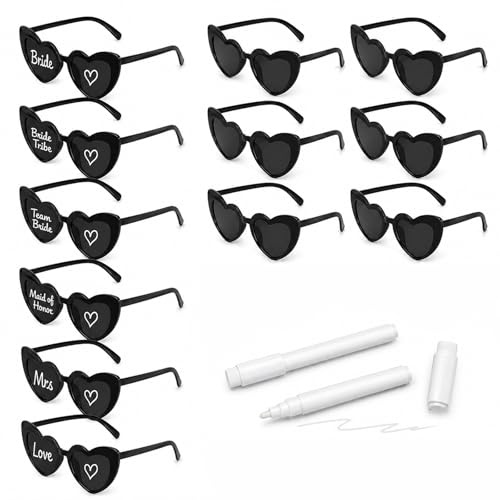 HAIJIYUNTU 12 Stück Sonnenbrille Herzform, Herz Sonnenbrille Schwarz mit 2 Stift, Sonnenbrille Hochzeit, Jga Brillen, DIY Herzbrille für Party Hochzeit Fasching Foto Requisiten Geburtstags