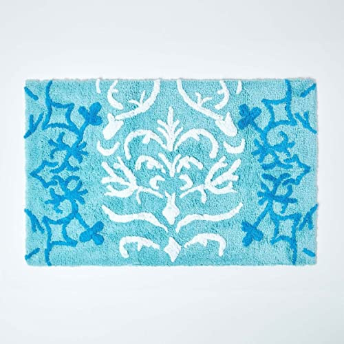 HOMESCAPES Damask Bathmat, Blue, 50 x 80 cm, 1400 GSM rug in 100% Cotton, Non Slip Spray Back, Washable at Home