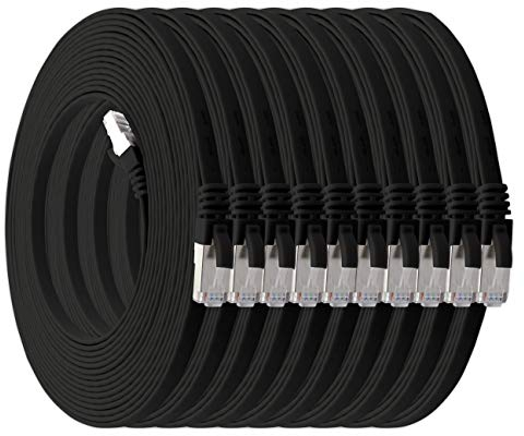 3,0 m - schwarz - 10 Stück Cat7 Flachkabel Netzwerkkabel Cat 7 Rohkabel Gigabit Lan (10Gbit/s) Flachbandkabel Verlegekabel Patchkabel Flach Slim Rj 45 Stecker Cat6a