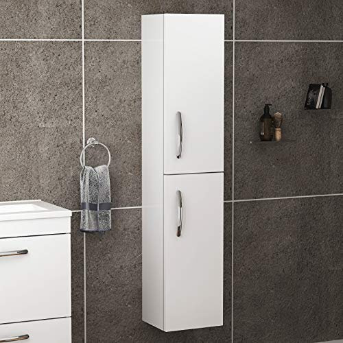 1450mm Wall Hung Tall Boy Unit 2 Door Bathroom Furniture Storage Cabinet - Gloss White