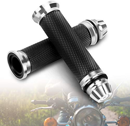 Motorrad-Lenkergriffe, Gummi-Handgriffe mit Aluminium-Lenkerende, Universal für 7/8 (22 mm) Lenker(Silber)