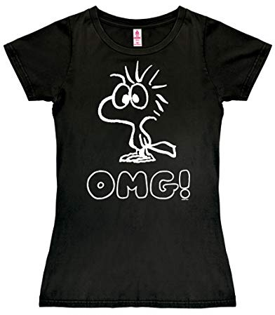 Logoshirt® Peanuts I Woodstock I OMG I T-Shirt Print I Damen I kurzärmlig I schwarz I Lizenziertes Originaldesign I Größe S