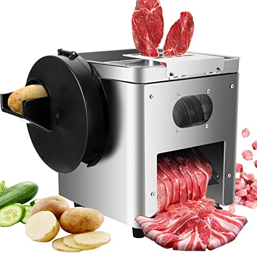 Moongiantgo Commercial Meat Cutter Machine 7MM 2 in 1 Commercial Vegetables Slicer Meat Cutting Machine 882 LB/H Electric Meat Slicer Meat Strips Meat Cubes Cutter Easy-Replace Blade Set