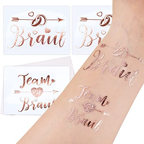 FLOFIA 20Pcs Team Bride Tattoo JGA Tattoos Frauen Rosegold 2x Braut Tattoos 18x Team Braut Tattoos Junggesellinnenabschied Accessories Set Temporäre Tattoos für Hochzeit Bachelorette Party